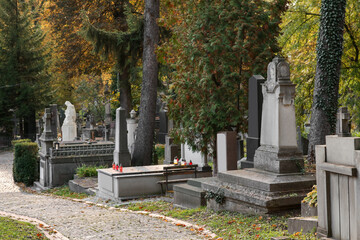 View of cemetery with granite tombstones and paved footpath on sunny day. Funeral ceremony