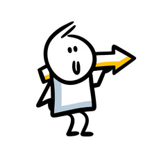 Funny stickman boy holds a sign of arrow on the shoulder to point out the way and smile.