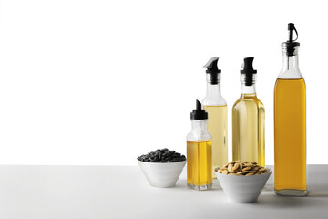 Bottles of different cooking oils and seeds on white background, space for text