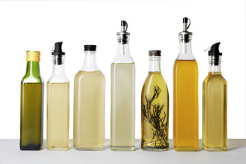 Bottles of different cooking oils on white background