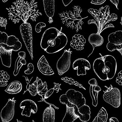 Vegan food seamless pattern. Hand drawn vector illustration. Menu design template. Vegan food sketch. Product design. Great for packaging, recipe book, menu. Vegetarian food sketch.