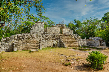 Mayan ruins in shadow of trees in jungle tropical forest Playa del Carmen, Riviera Maya, Yu atan,...