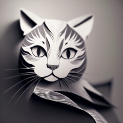 Fototapeta premium Inquisitive cat looking out in the style of a 3D papercut illustration in grey monotones