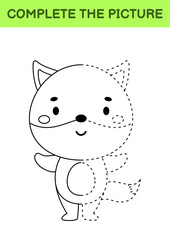 Obraz premium Complete drawn picture of cute fox. Coloring book. Dot copy game. Handwriting practice, drawing skills training. Education developing printable worksheet. Activity page. Vector illustration