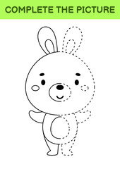 Complete drawn picture of cute hare. Coloring book. Dot copy game. Handwriting practice, drawing skills training. Education developing printable worksheet. Activity page. Vector illustration