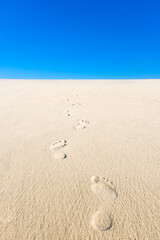 View of yellow sand, blue sky and footsteps disappearing into the distance. Vertical photo of an empty beach.