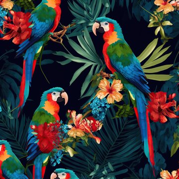 pattern with parrots and tropical leaves.