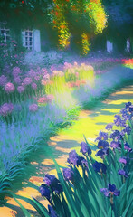 Obraz premium Rural landscape, field of flowers, lavender provence view. Village nature. Digital art illustration.