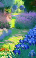 Obraz na płótnie Canvas Rural landscape, field of flowers, lavender provence view. Village nature. Digital art illustration.
