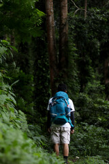 asian man with black hair holding blue mountain backpack standing facing green tropical forest