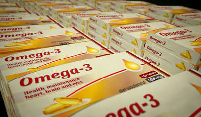 Omega 3 oil tablets pack 3d illustration