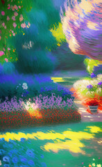 Rural landscape, field of flowers, lavender provence view. Village nature. Digital art illustration.