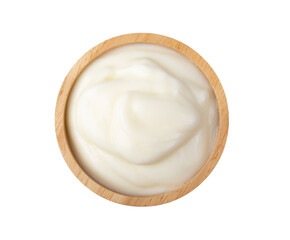 Yoghurt in wood bowl on transparent png