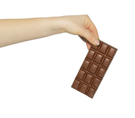 chocolate bar in hand, pass or throw away chocolate, diet and healthy food concept