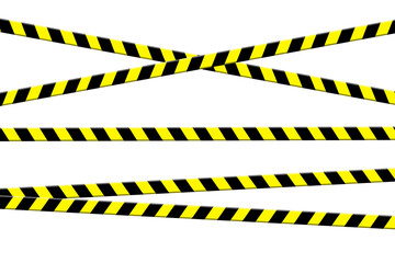 Illustration cross of yellow black random order horizontal lines of barrier tapes on isolated backdrop. Barrier tape danger unsafe area warning lines, do not enter. Concept no entry. Copy text space