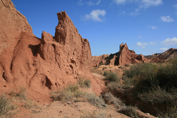 Fototapeta premium Fairy Tale Canyon on the southern shore of Issyk-Kul Lake, Kyrgyzstan.