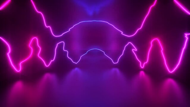 4k animated pink and red neon light stipes and waves moved on a blured reflected wall