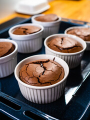 Chocolate lava cake on baking pan