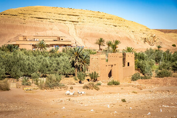 ait-ben-haddou, oasis, high atlas mountains, morocco, north africa, ait ben haddou, kasbah, adobe, sunset
