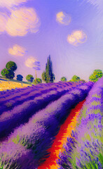 Plakat Rural landscape, field of flowers, lavender provence view. Village nature. Digital art illustration.