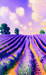 Plakat Rural landscape, field of flowers, lavender provence view. Village nature. Digital art illustration.