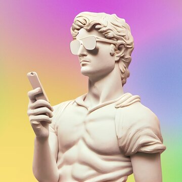 Gypsum statue of David's body with white sunglasses and holding phone, cool and stylish