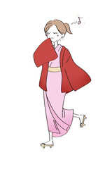 A woman wearing a yukata and happily skipping