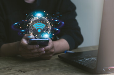 Business using smartphone ,with wifi icon,business communication social network concept.