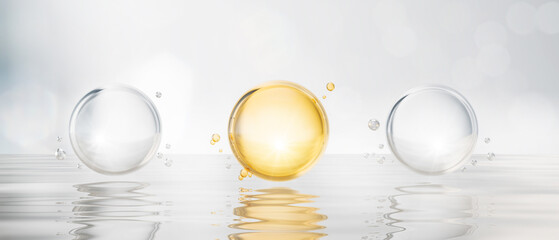 cosmetic moisturizer water molecule, Cosmetic Essence, Liquid bubble, on water background, 3d rendering