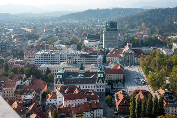 Aerial view over downtown Ljubljana, the university and Ursuline church in the center, Slovenia