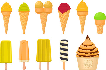 big kit ice cream popsicle different types in cone waffle cup