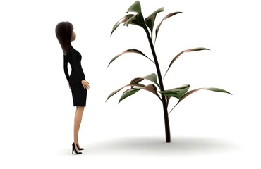 3d woman looking at big plant concept