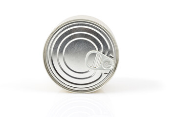 Metal tin can isolated on white background. Full depth of field. Close-up