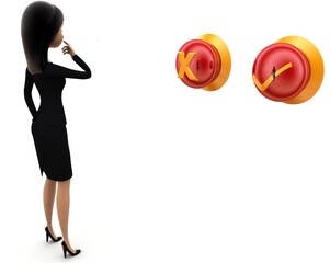 3d woman , tick and cross button concept