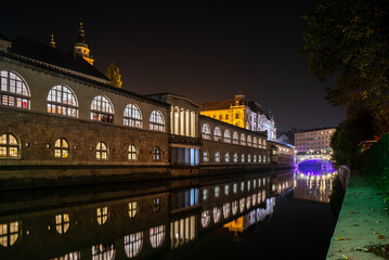 Iconic building of the central market in Ljubljana illuminated at night, the bridge of Preseren sqare in the background