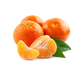 Ripe tangerine fruits with leaves with slices mandarin on white backgrounds.
