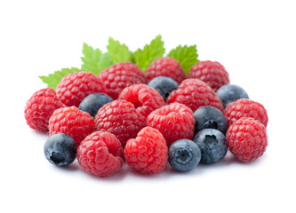 Ripe raspberry and blueberry on white backgrounds.