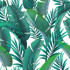 Tropical floral seamless pattern with exotic flowers, jungle leaves, palm tree. Artistic background. Wallpaper with botanical illustrations.