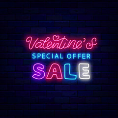 Valentines Sale neon label. Special offer. February special offer. Holiday marketing. Vector stock illustration