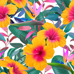Tropical floral seamless pattern with exotic flowers, jungle leaves, palm tree. Artistic background. Wallpaper with botanical illustrations. Summer pattern