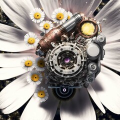 Fantasy, space flower in steampunk style, a combination of delicate petals with metal elements. Gen Art