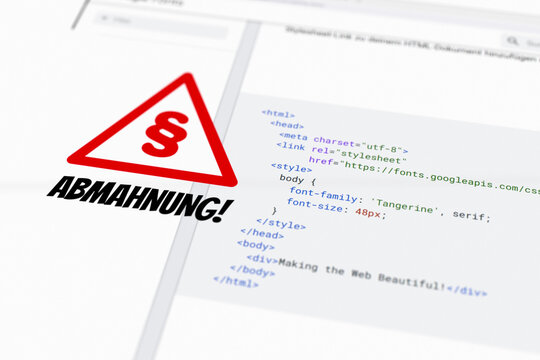 Screenshot of HTML code for embedding Google fonts. A paragraph sign and the German word "Abmahnung" (written warning) on top because direct embedding violates the EU Data Protection Regulation GDPR