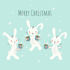 Cute rabbits drink coffee. Merry Christmas. Funny bunnies on a light background with cups. Greeting card, banner Vector isolated design. Flat style