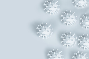 Covid-19 virus cells on blue background for concept, sick, health care, disease treatment and prevention.
