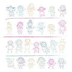 Happy and lovely kids or little children doodle sketches set with different poses
