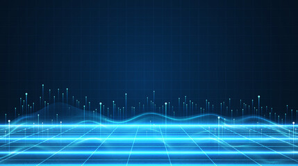 Big data visualization concept. Dynamic wave on blue background. Wave of particles