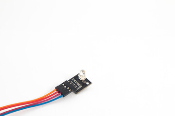 Selective focus an RGB LED module with its cable. This module is used for electronics hobbyists for...