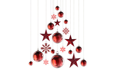 abstract christmastree in shades of red stars snowflakes baubles hanging from above isolated 3D...