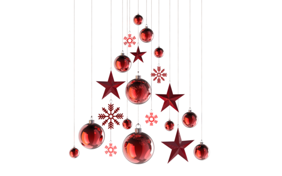 abstract christmastree in shades of red stars snowflakes baubles hanging from above isolated 3D Rendering