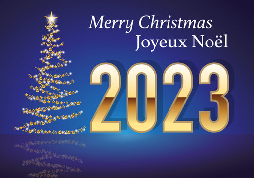 Carte de vœux 2023 au design classique sur fond rouge, avec le traditionnelle sapin de noël, fait avec une guirlande dorée pour souhaiter un joyeux noël.